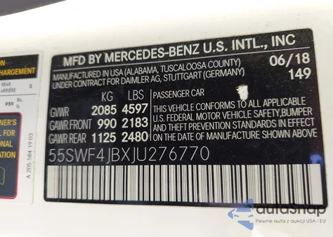 2018 Mercedes-Benz C 300 из США, поврежденный, VIN 55SWF4JBXJU276770